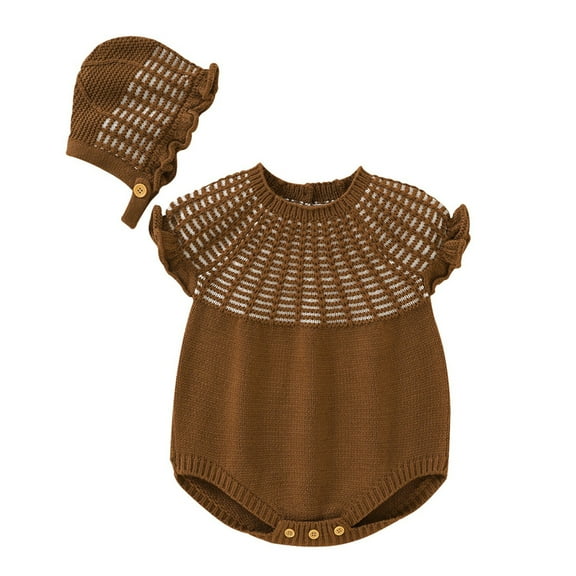 Generic Quick Drying Sweaters for Children's Baby Knitted Romper Cotton Sleeveless Boy Girl Ruffled Striped Sweater Clothes Bodysuit With Hat Caps Outfits Set (0-3 Months,Coffee)