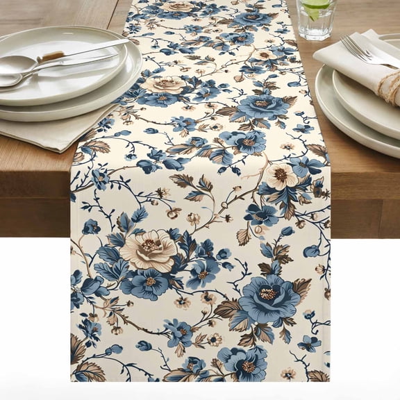 Vintage Floral Table Runner 13x90 inch Beige Blue Brown Flowers Rustic Farmhouse Cotton Linen Dining Table Runner Ideal for Dresser Kitchen Coffee Tables - Machine Washable