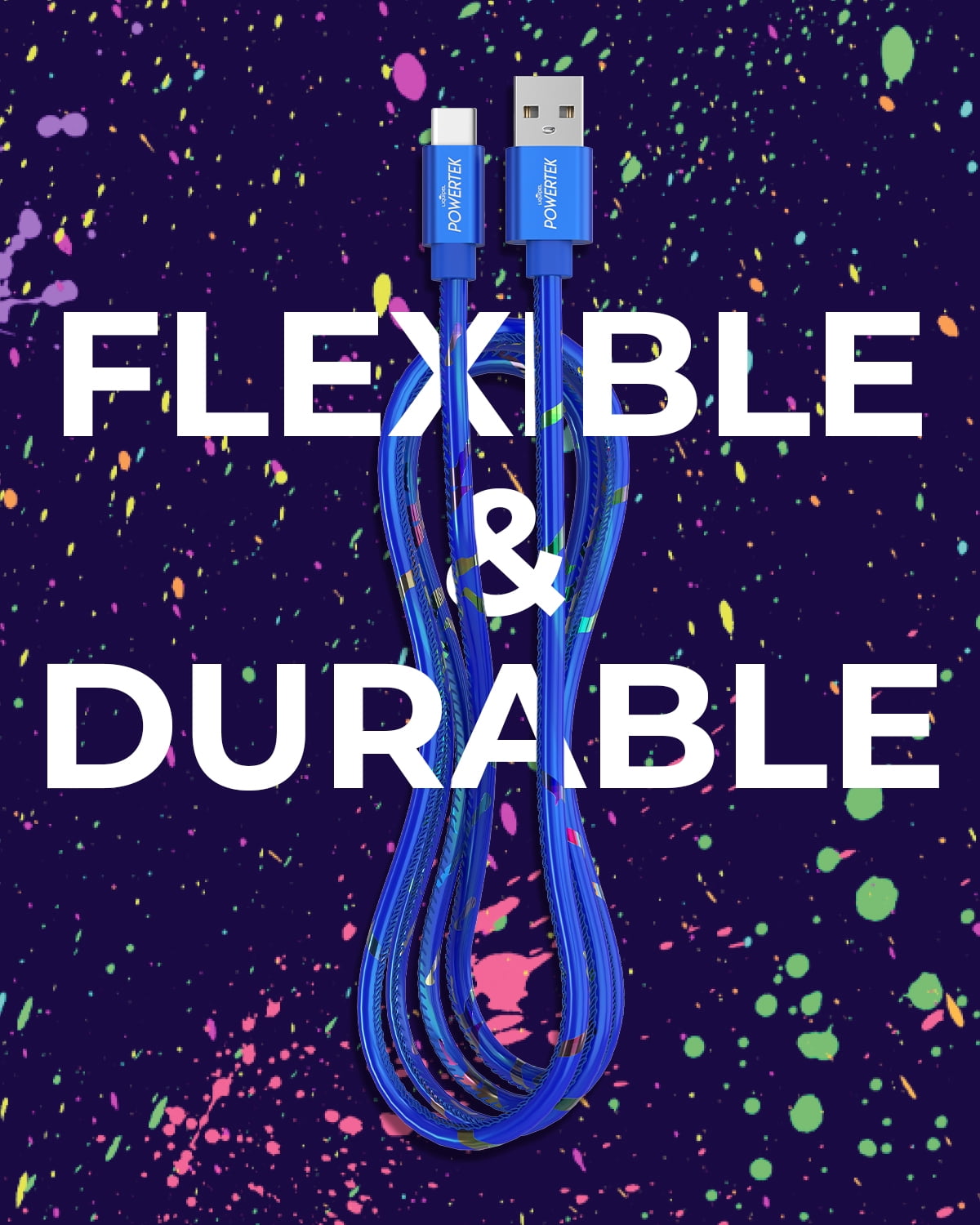 Liquipel Powertek Type-C Fast Charger Cable, 6ft USB-C for Galaxy, Note, Tab, MacBook, Neon Party