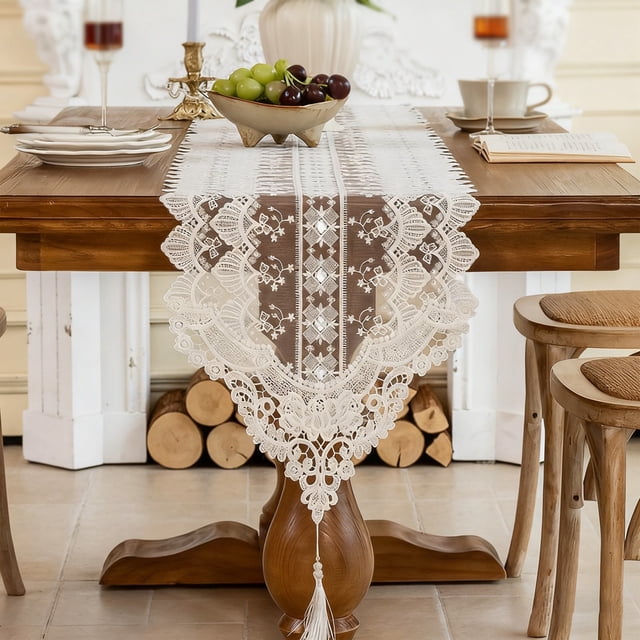 Camino de Mesa de Encaje Blanco con Bordado de Malla, 180 X 35 Cm, Borde de Encaje Hueco, Decoración para Mesa de Comedor y Centro | Elegante Mantel de Encaje de Poliéster para Fiestas En Casa, Bodas