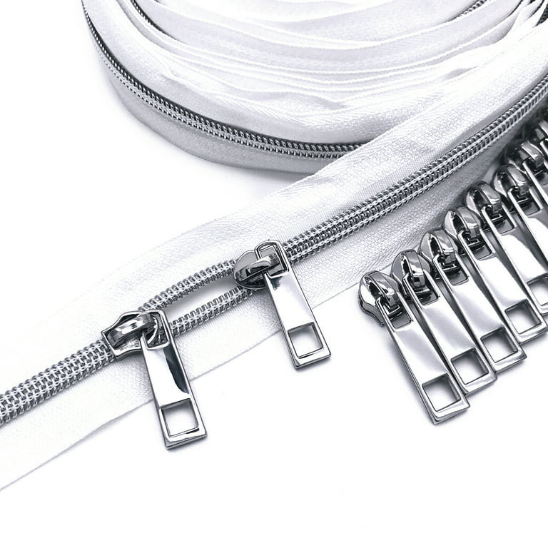 Goyunwell #5 White Zippers 5 Yards Nylon Zipper Tape 10Pcs Silver Zipper  Pulls Sliders