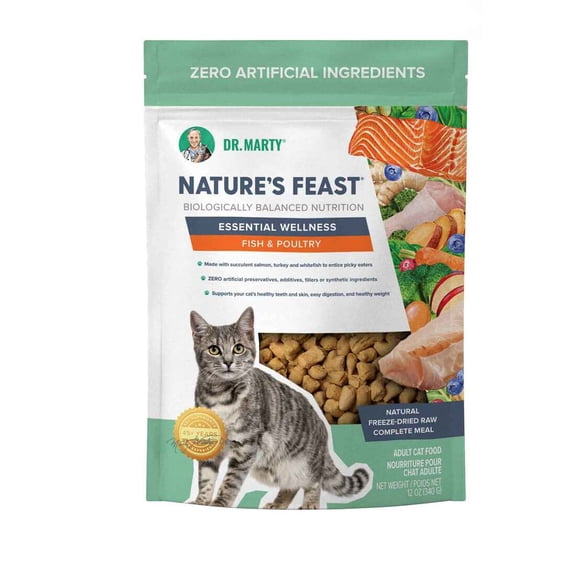 Dr. Marty Nature's Feast Natural Freeze-Dried Raw Cat Food, Essential Wellness Fish & Poultry Formula, High-Protein 87% Real Meat, Grain-Free, 12 oz