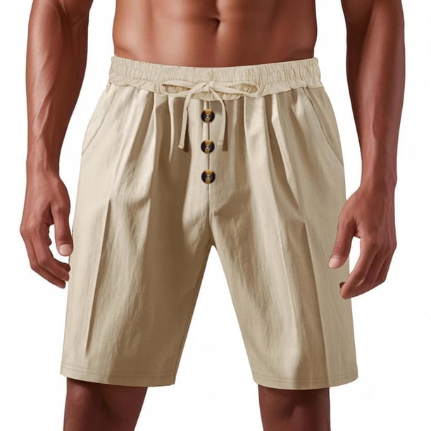 pstuiky Pantalones cortos de gimnasio para hombre, Pantalones cortos de lino con cintura elástica y botones de color liso para hombre, versátiles y a la moda.