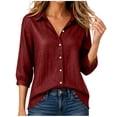 thumbnail image 4 of Women's 3/4 Sleeve Button Down Shirts Lapel Solid Color Cardigan Faux Cotton Linen Casual Loose Comfy Outwear (XL, Wine), 4 of 6