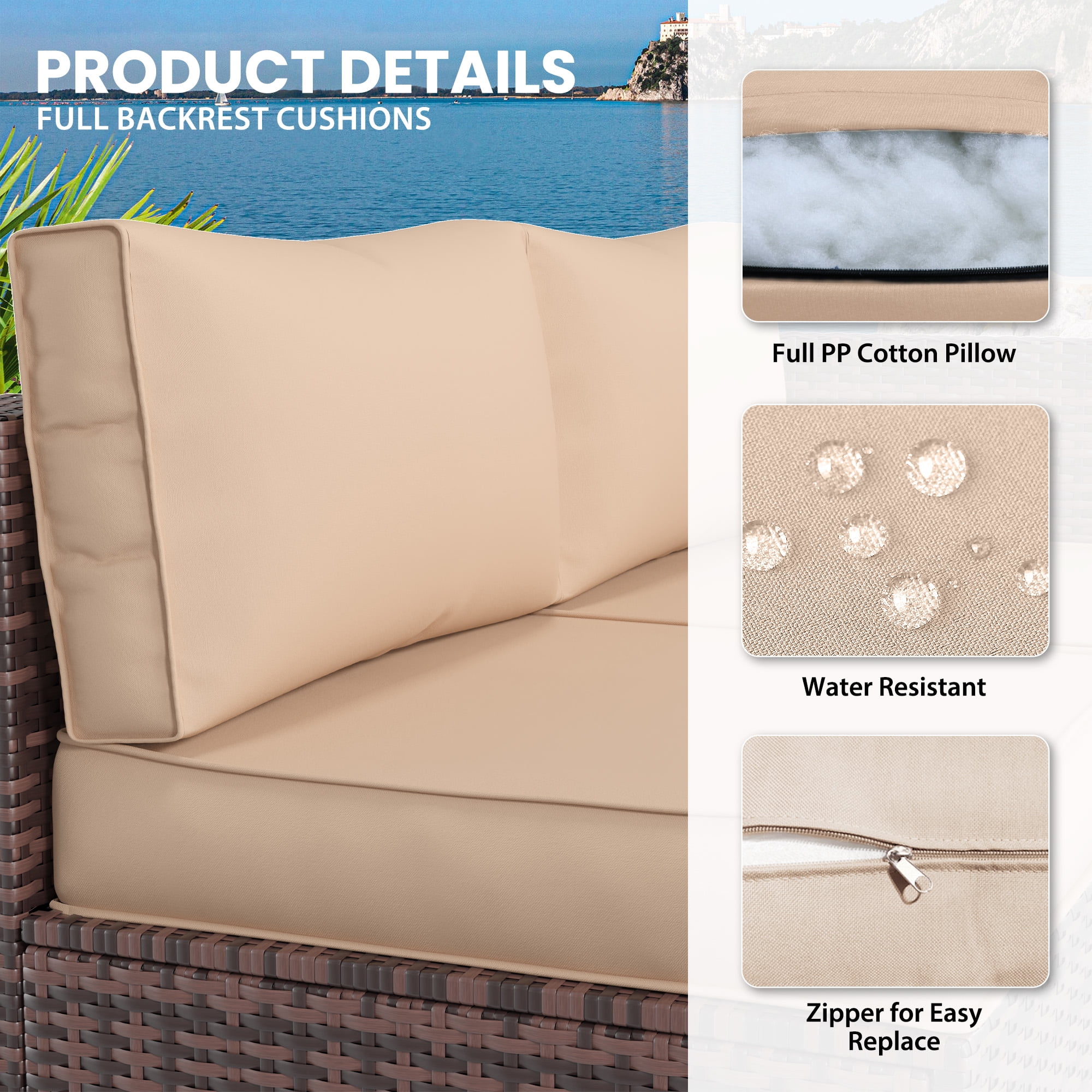 MRUAKA Outdoor Cushions for Patio Furniture, 7-Piece Replacement Cushions for Outdoor Furniture, Water-Resistant Patio Cushions, Outdoor Couch Cushions for 4-Seat Outdoor Sectional Sofa (Beige)