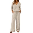 thumbnail image 4 of Lekode Womens Linen Set Solid Blouses Tops Summer Vacation Clothes Matching Wide Leg Lounge Pants V Neck Two Piece Sets for Women Linen Pants Set Casual Loungewear Simple 2 Piece Set Beige Xl, 4 of 7