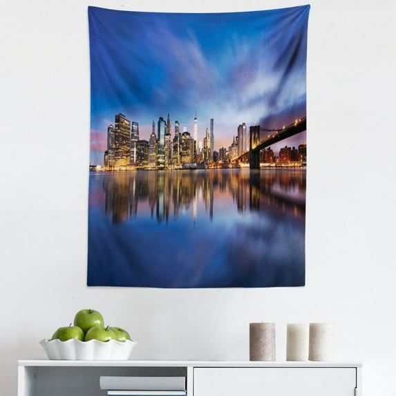 America Tapestry, Skyline of New York Beauty Sunset Buildings Pierce the Sky Picturesque Art, Fabric Wall Hanging Decor for Bedroom Living Room Dorm, 5 Sizes, Multicolor, by Ambesonne