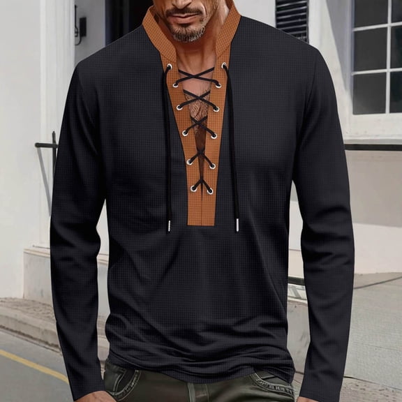 Men's Long Sleeve Shirts Retro Style Lace Up Waffle Casual Long Sleeve Stand Collar Pullover T-Shirt Top (M, Black)