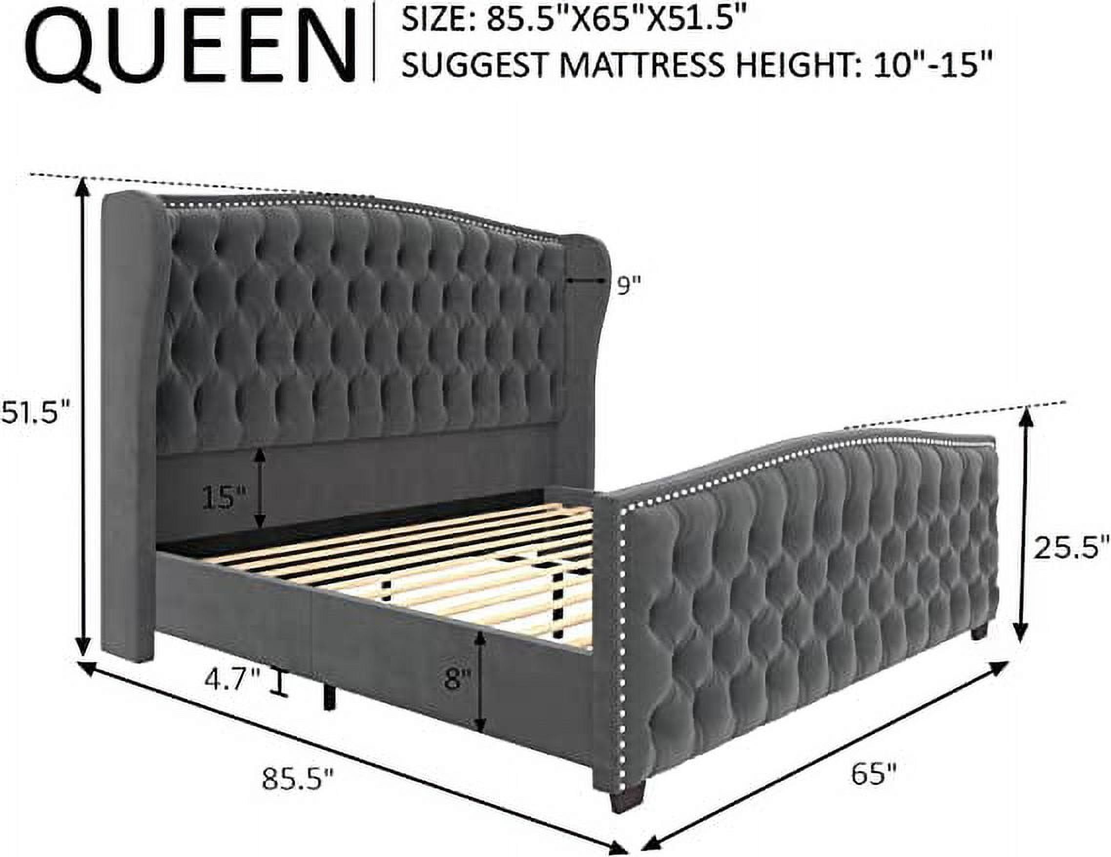 Amerlife Queen Bed Frame with Velvet Upholstery, Tufted Wingback Headboard and Nailhead Trim, Grey