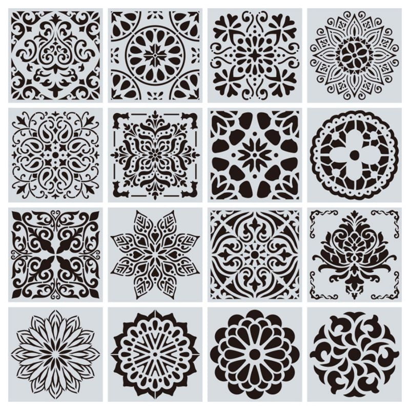 16 pack Mandala Floor Painting Stencils Set (6x6 Inch) Laser Cut Wall Stencil Painting for Wood Floor Tiles Fabric Template