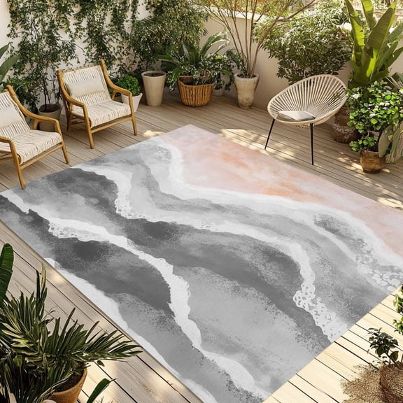 Fsddascl Gray Coastal Beach Outdoor Rug for Patio/Deck/Porch, Non-Slip Large Area Rug 4 x 6 Ft, Modern Oil Painting Nautical Indoor Outdoor Rugs Washable Area Rugs, Reversible Camping Rug Carpet