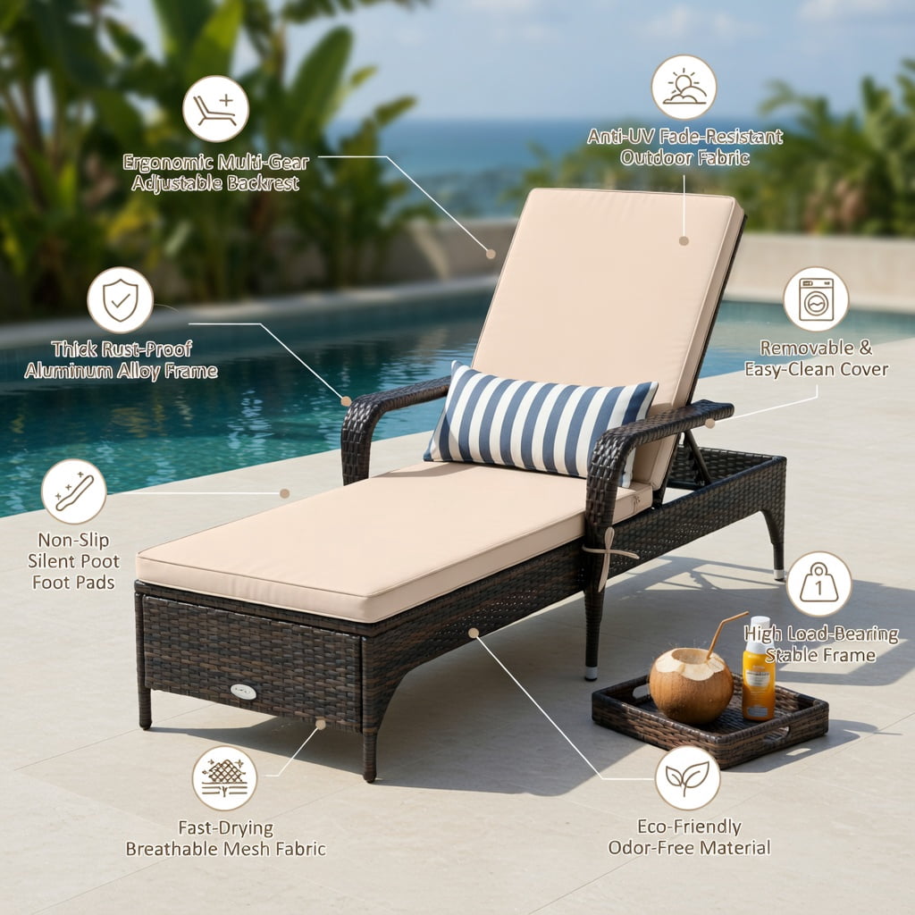 Hommoo Adjustable Outdoor Wicker Chaise Lounge Chair with Weather-Resistant PE Rattan, Cushion & Lumbar Pillow, Patio Recliner for Poolside, Balcony & Garden, Brown