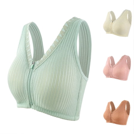 Xijirk Women Front Zip Bra Wide Tank Shoulder Straps Vertical Line V Neck Hollow Edge Wire Free Gentle Feel for Daily Rest Casual Wear Green 40