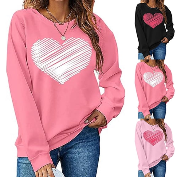Sweatshirt for Women Love Heart Graphic Print Long Sleeve Pullover Tops Casual Crewneck Valentine's Day Sweatshirts Black L