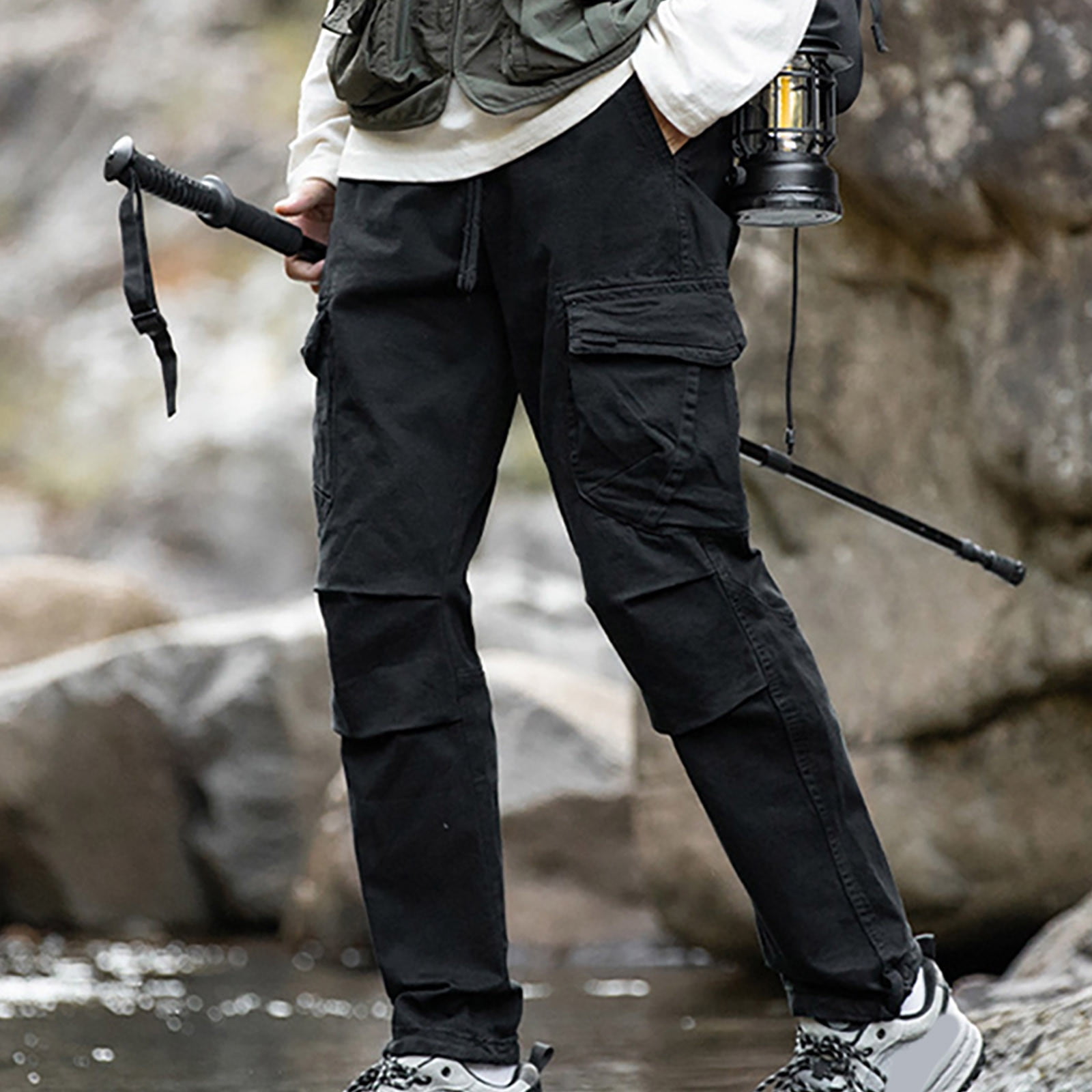 Men's Cargo Pants with Elastic Waist, Soft Polyester Casual