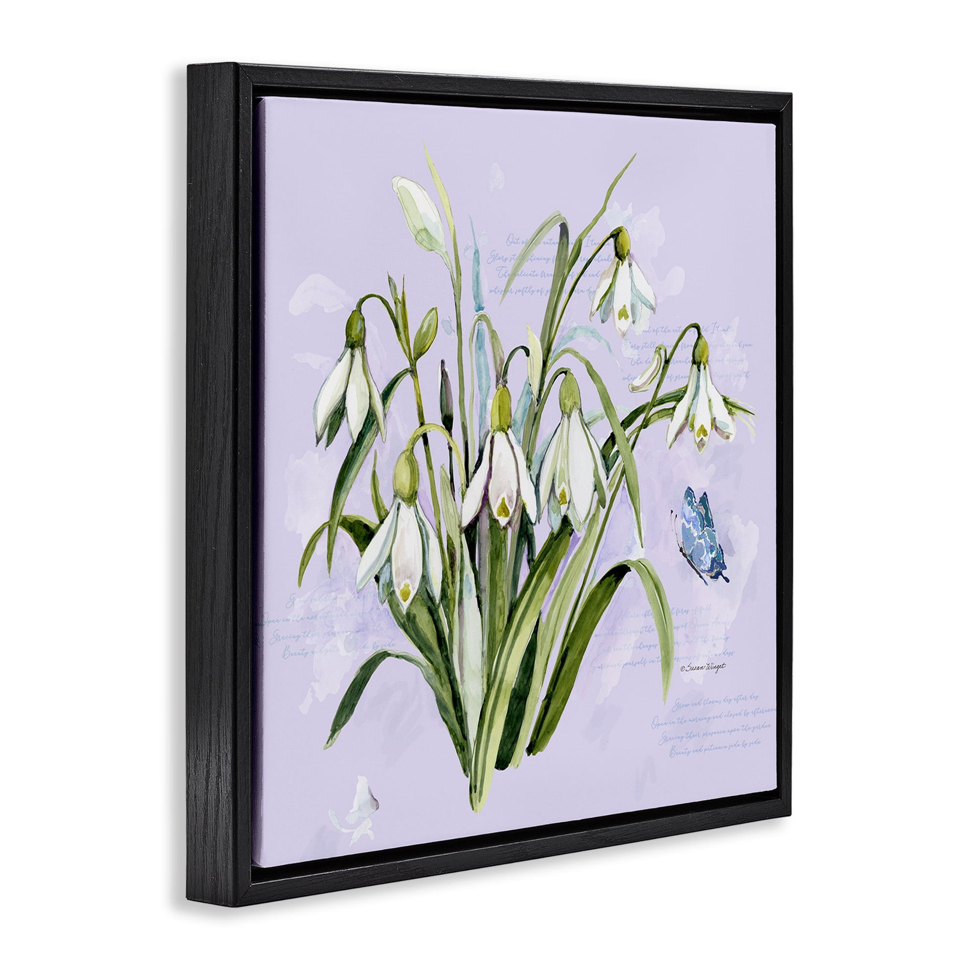 Stupell Industries Snowdrops with Vintage Writings Black Framed Floater Canvas Wall Art, design by Susan Winget