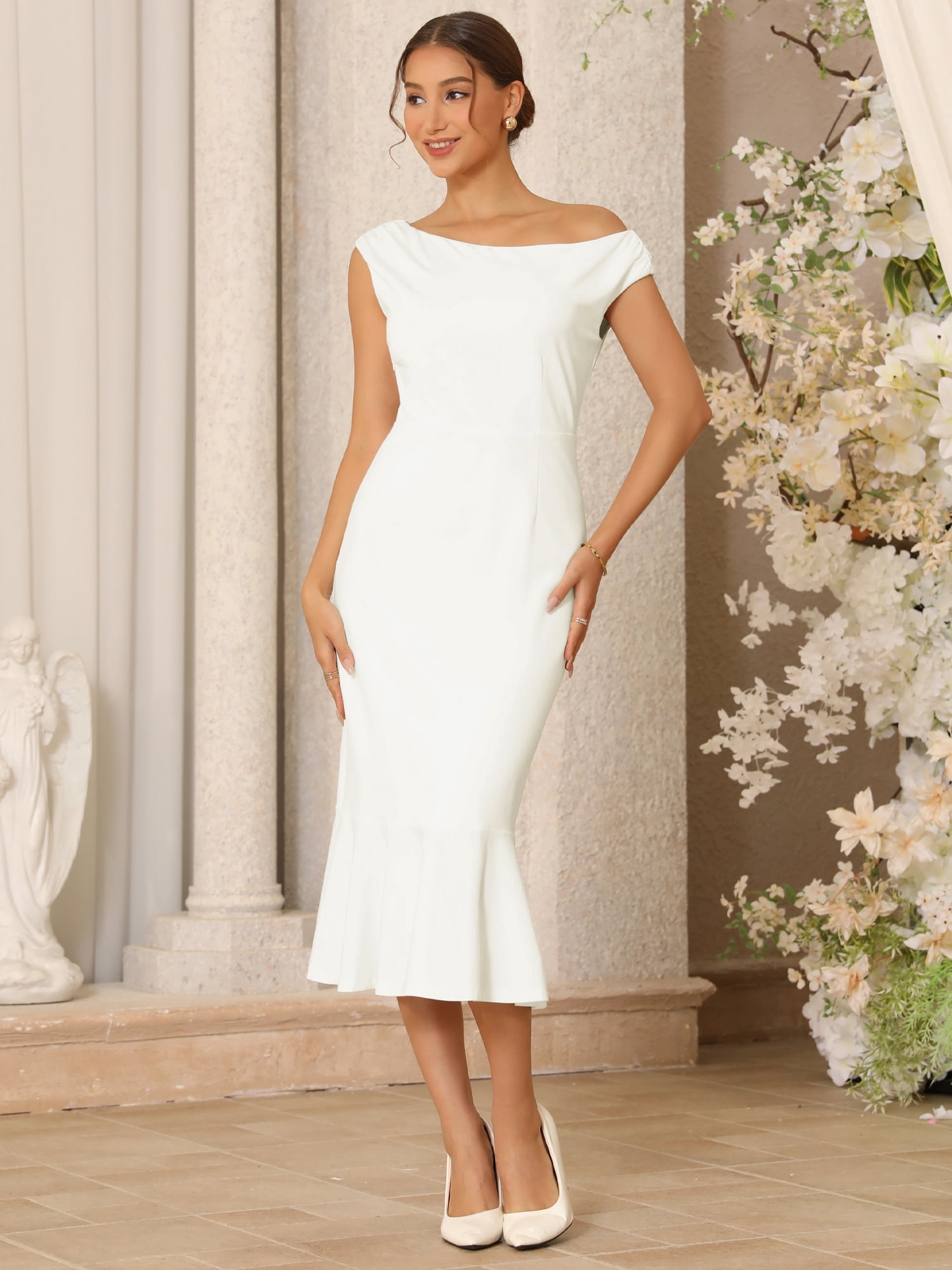 DARING DIVA Women's One Shoulder Dress Fishtail Long Dresses L White