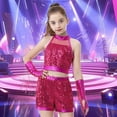 thumbnail image 2 of Xudanell Toddler Outfits for Girls Light Sequin Glitter Crewneck Top Shorts Sets Tassel Split Summer Dance Clothes, 2 of 4