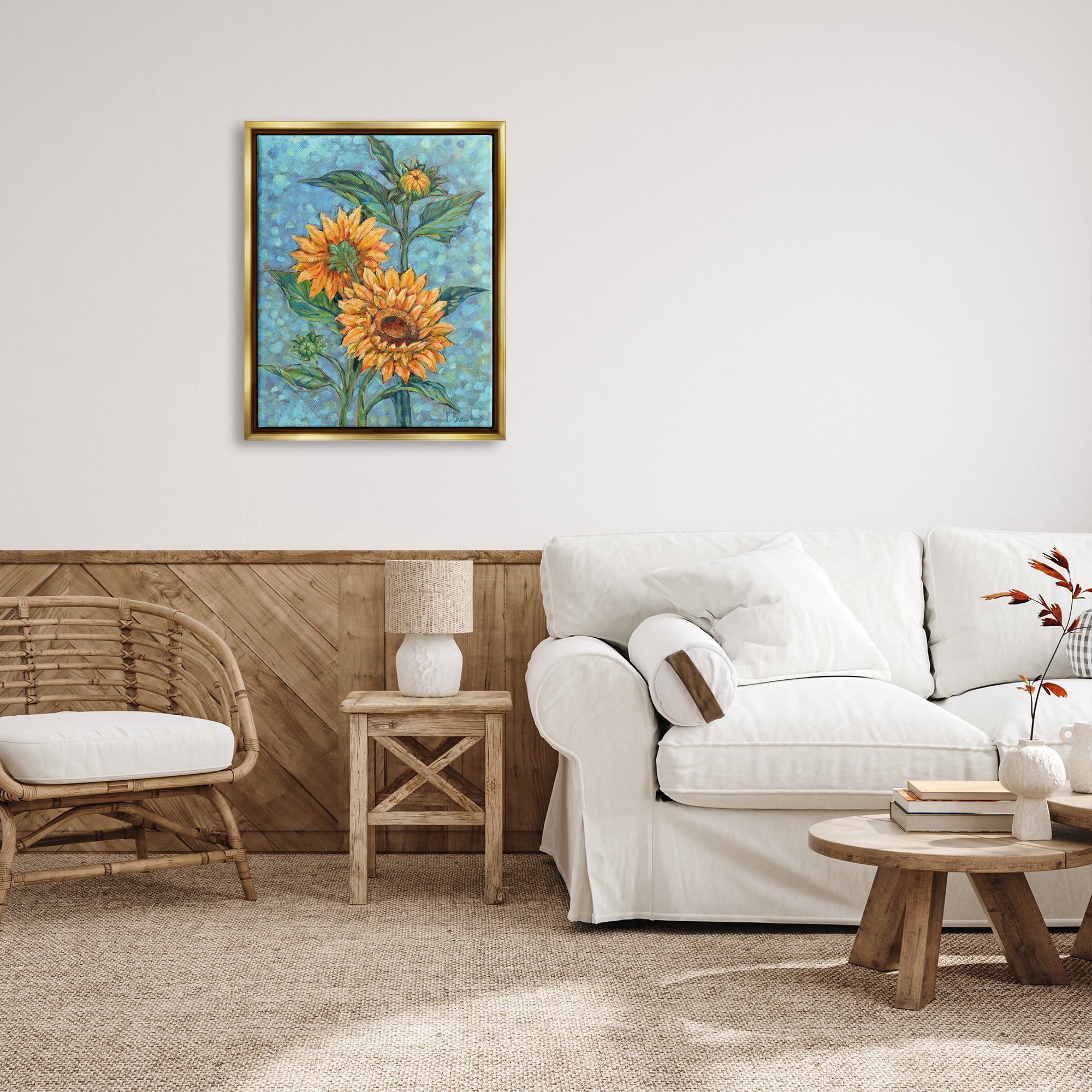 Stupell Industries Budding Sunflowers on Blue Botanical & Floral Painting Gold Floater Framed Canvas Art Print Wall Art, 25 x 31