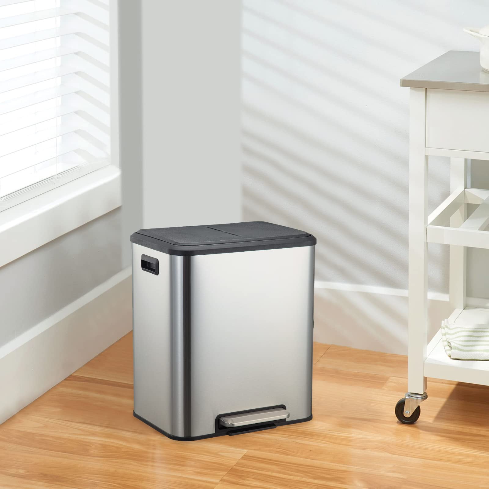 GymChoice Rectangular Dual Trash Can,Stainless Steel 2 x 4 Gal (2 x 15L) Garbage Can,Dual Compartment Recycling Kitchen Step Trash Can