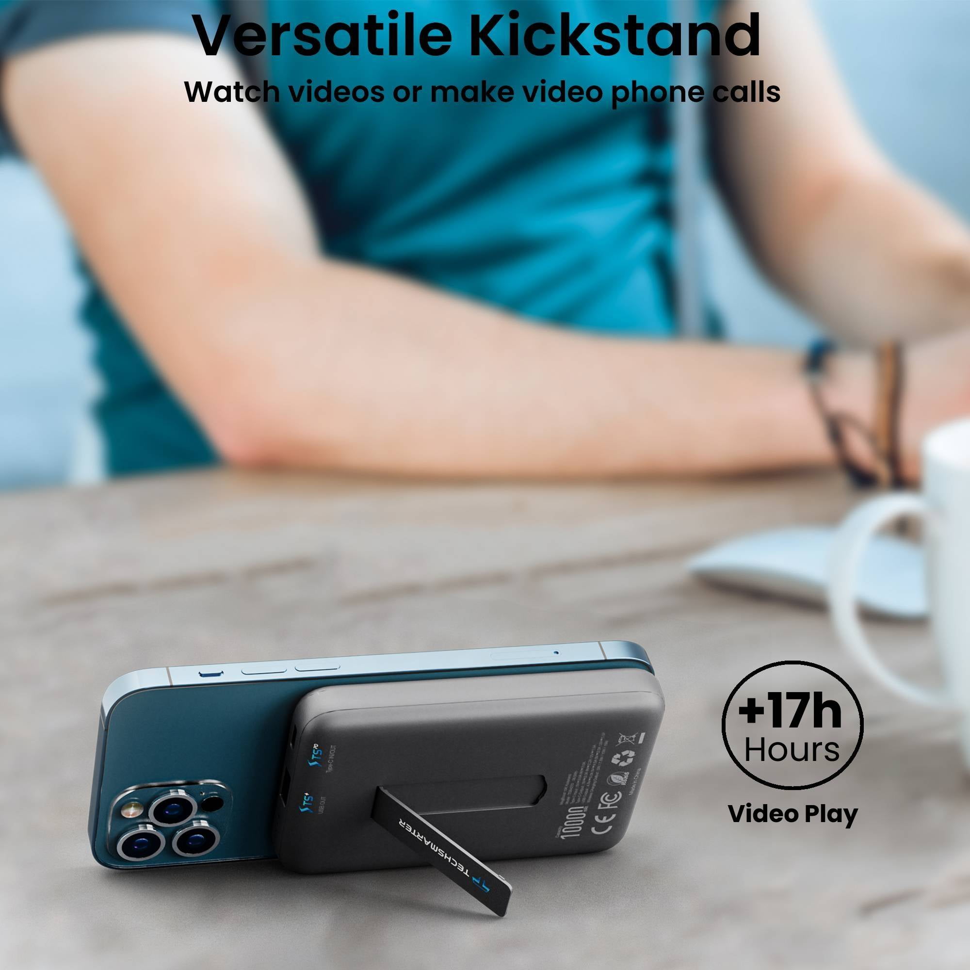 Techsmarter 10000mAh Magnetic Wireless Power Bank with Kickstand, Portable Charger for iPhone 12, 13, 14, 15 only