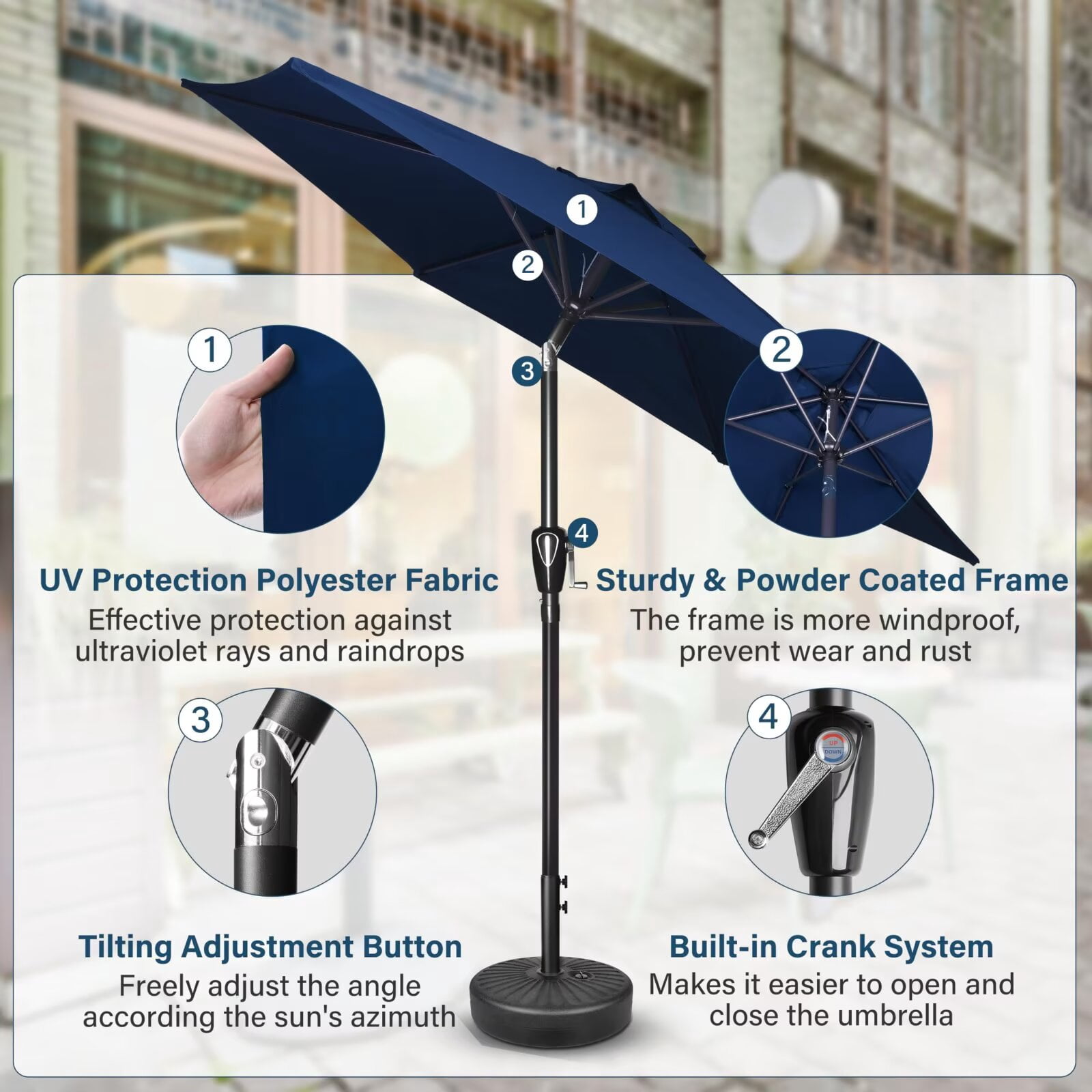 Simple Deluxe 7.5ft Patio Umbrella Outdoor Table Market Yard Umbrella with Push Button Tilt and Crank Lift, 6 Heavy-Duty Ribs for Patio, Garden and Deck Use, Dark Blue