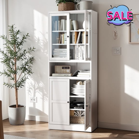 Hassch 72"H Metal Storage Cabinet with 2 Glass Doors, Tall Pantry Cabinet with Adjustable Shelves and Side Hooks for Dining Room, Living Room, Kitchen, White