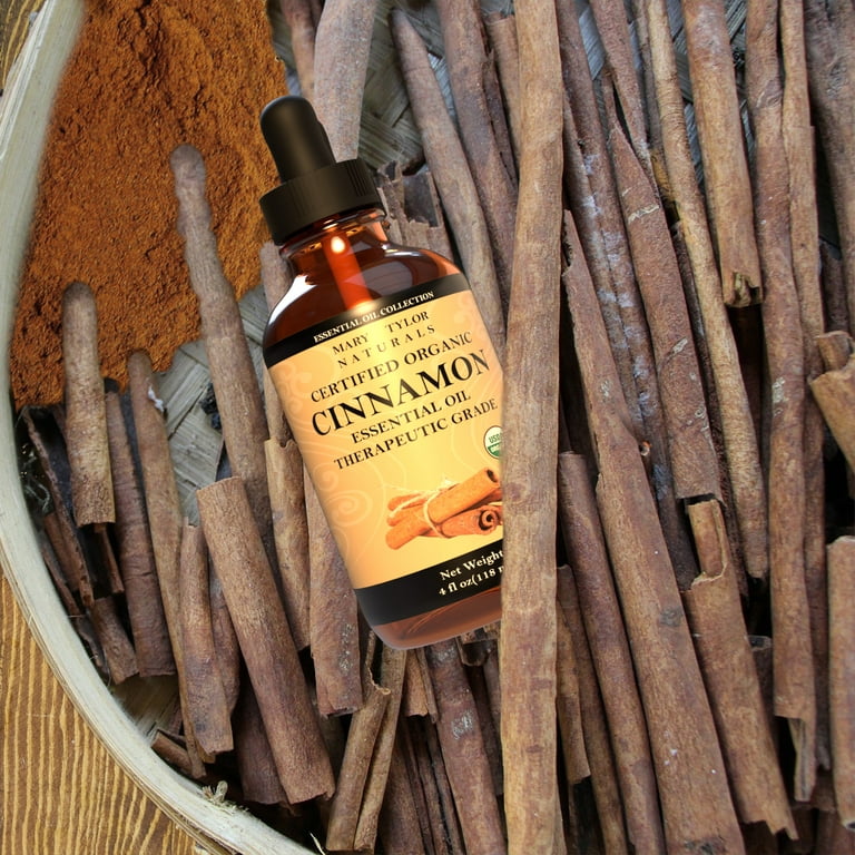 Organic Cinnamon Essential Oil, Large 4 oz by Mary Tylor Naturals, 100%  Pure Essential Oil, Therapeutic Grade, Perfect for Aromatherapy,  Relaxation, DIY, Improved Mood 