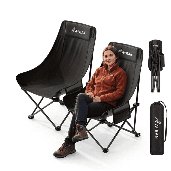 AORAN 2-Pack Foldable Moon Chairs, portable camping chairs with reinforced steel frames, durable Oxford fabric, side pockets, ergonomic high backs, and carry bags for outdoor use.