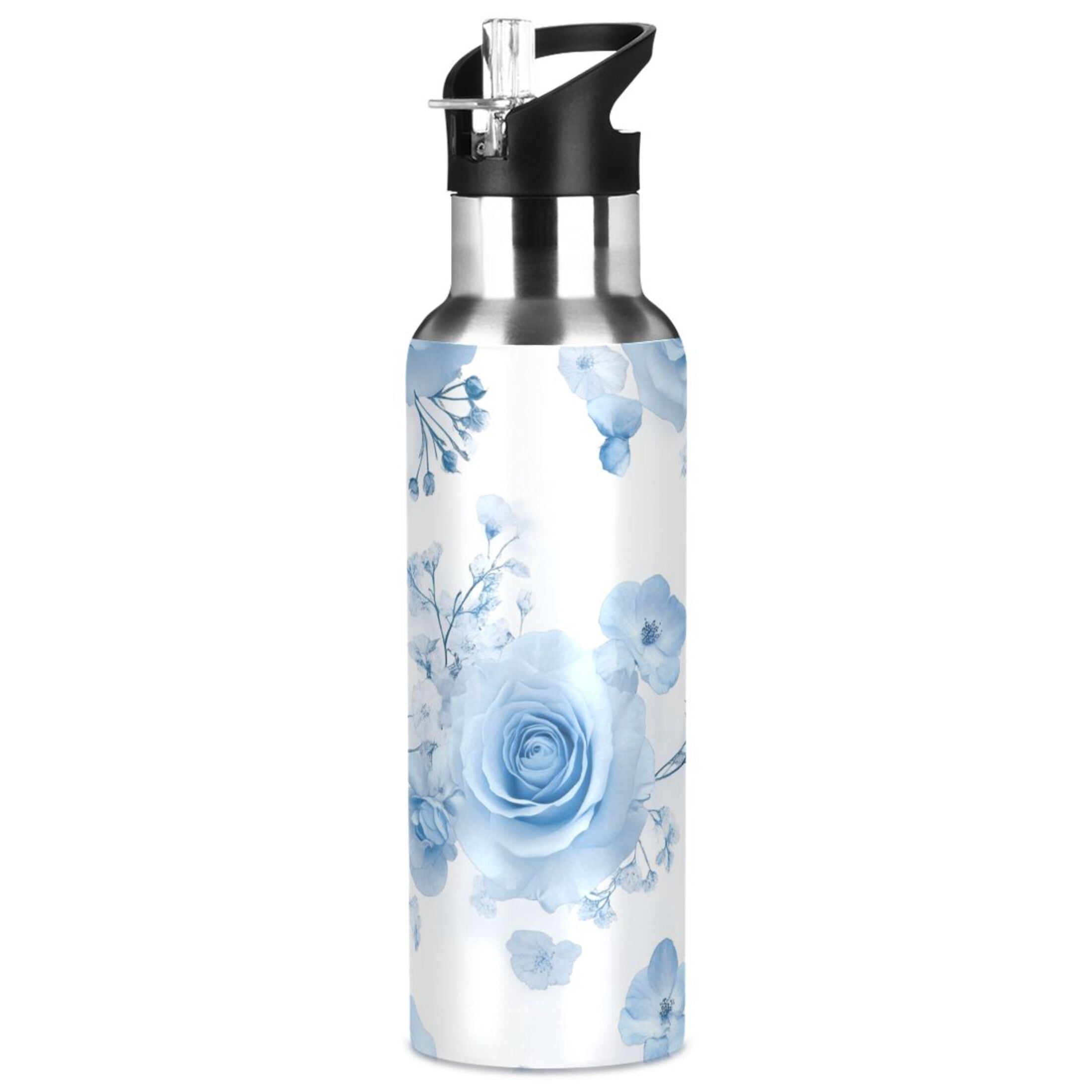 Babysbreath and Blue Roses Sports Bottle with Straw Stainless Steel Water Jug Portable Thermal Cup Leak-proof 1000ML