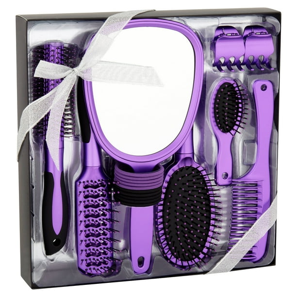 Hair Brush, Comb, Mirror and Hair Accessories Gift Set, Purple, 18 pcs
