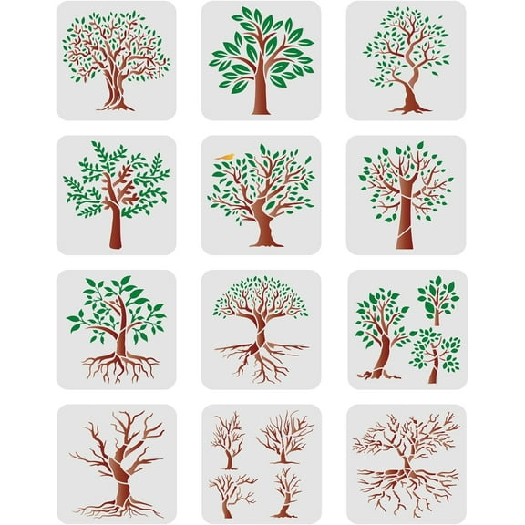 12 Pcs Tree Stencils 7.87x7.87 inch Branches Stencils Plastic Trees Branches Pattern Stencils Reusable Tree Stencil Sets Tree of Life Stencils for Painting on Wood Floor Wall Window diy Tree