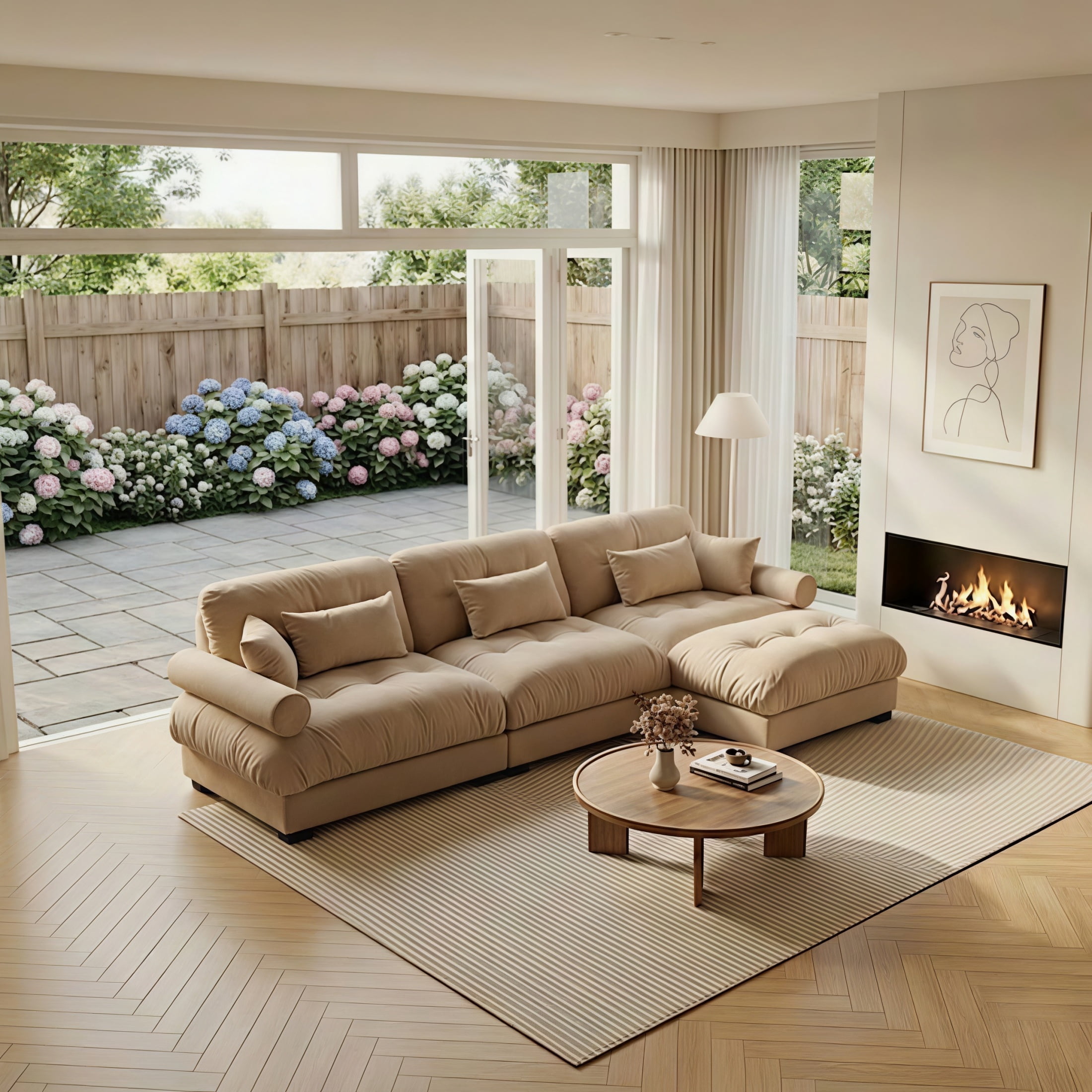 Amuille 130" Modular Sectional Sofa Velvet L Shaped Cloud Couch with Movable Ottomans, Deep Seat Couch for Living Room, with Pillows, Camel