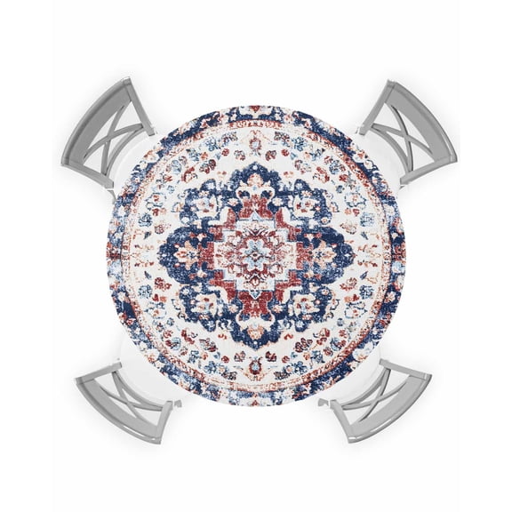 nqOlkjepod Red Blue Boho Round Tablecloth, Fitted Table Cover with Elastic for 45"-54" Round Tables, Vintage Ethnic Geometric Southwestern Table Cloth Outdoor Dinning Party Waterproof Tablecloths
