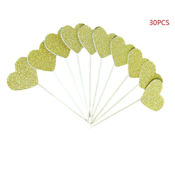 30pcs Heart Shape Cake Toppers Insert Cards with Toothpick Cupcake Decorations \- Frosted Gold