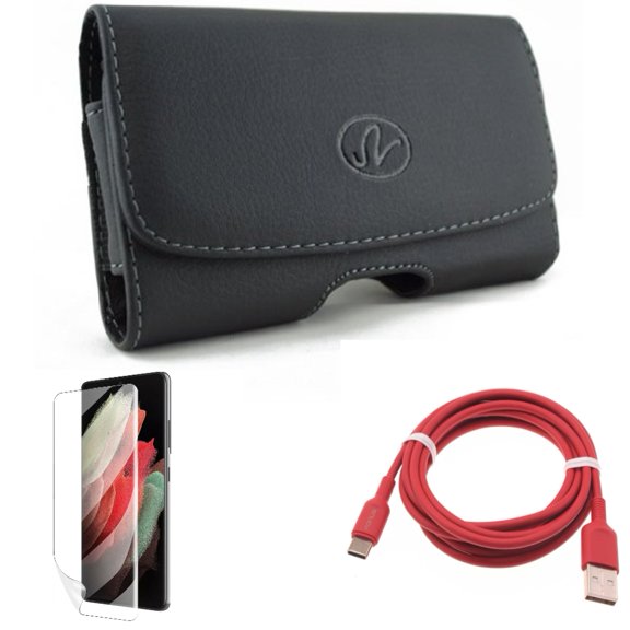 Case Belt Clip & Matte Screen Protector & 6ft USB-C Cable for Samsung Galaxy S22 Plus (S22 ) - Combo Leather Swivel Holster & TPU Film Anti-Glare & Red Charger Cord Power