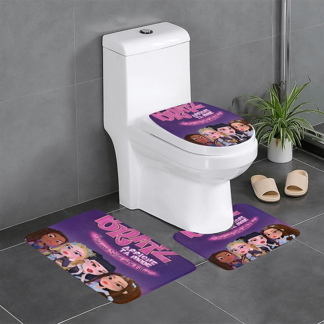 Chicas Bratz Juego de 3 alfombras de baño de coral fleece: tapete de baño + alfombra de inodoro en forma de U + funda de tapa de inodoro en forma de O