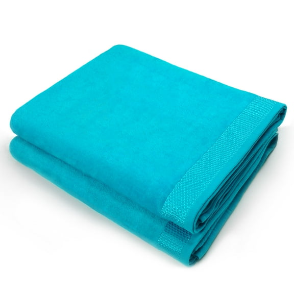 Kaufman - 2 Pack 30" X 60" Solid Color Velour Beach Towel, Bath Towel. 100% Cotton (Turquoise)