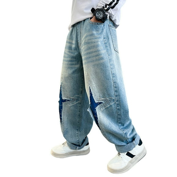 WEIYLL Pants for Boys Cargo Wide Leg Elastic Waist Baggy Multi Pocket Straight Leg Denim Blue Fall Kids Clothing size 10-11 Years
