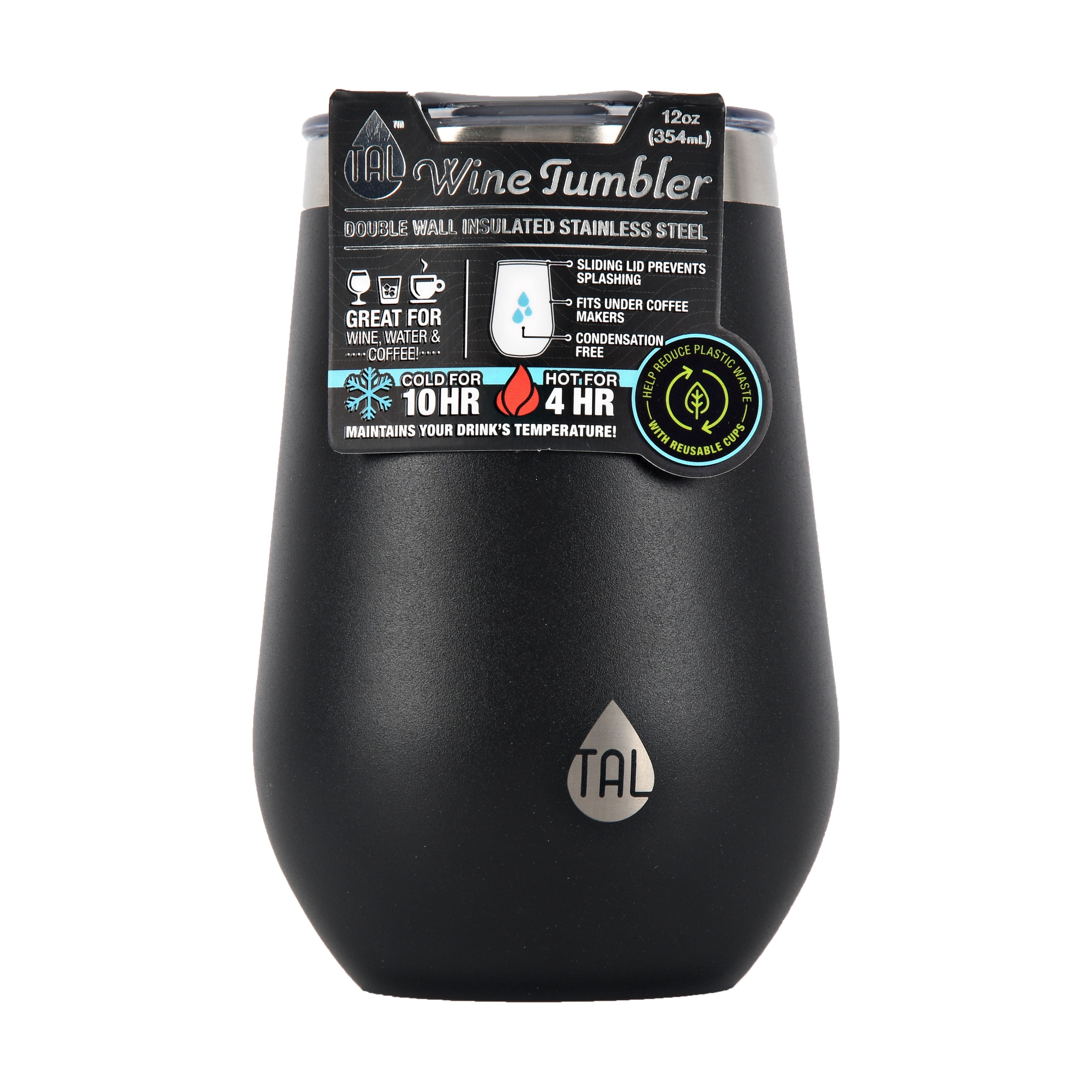 TAL Stainless Steel Wine Tumbler 12oz, Black