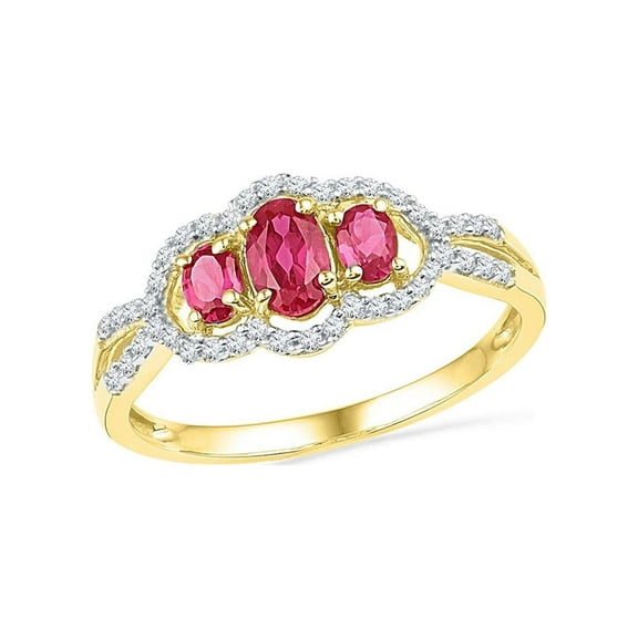 Diamond Princess 10kt Yellow Gold Womens Oval Lab-Created Ruby 3-stone Diamond Frame Ring 7/8 Cttw