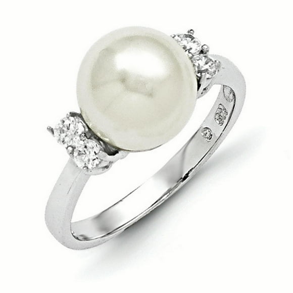 Sterling Silver Majestik Rh-pl 10-11mm Wht Imitation Shell Pearl & CZ Ring Size 8