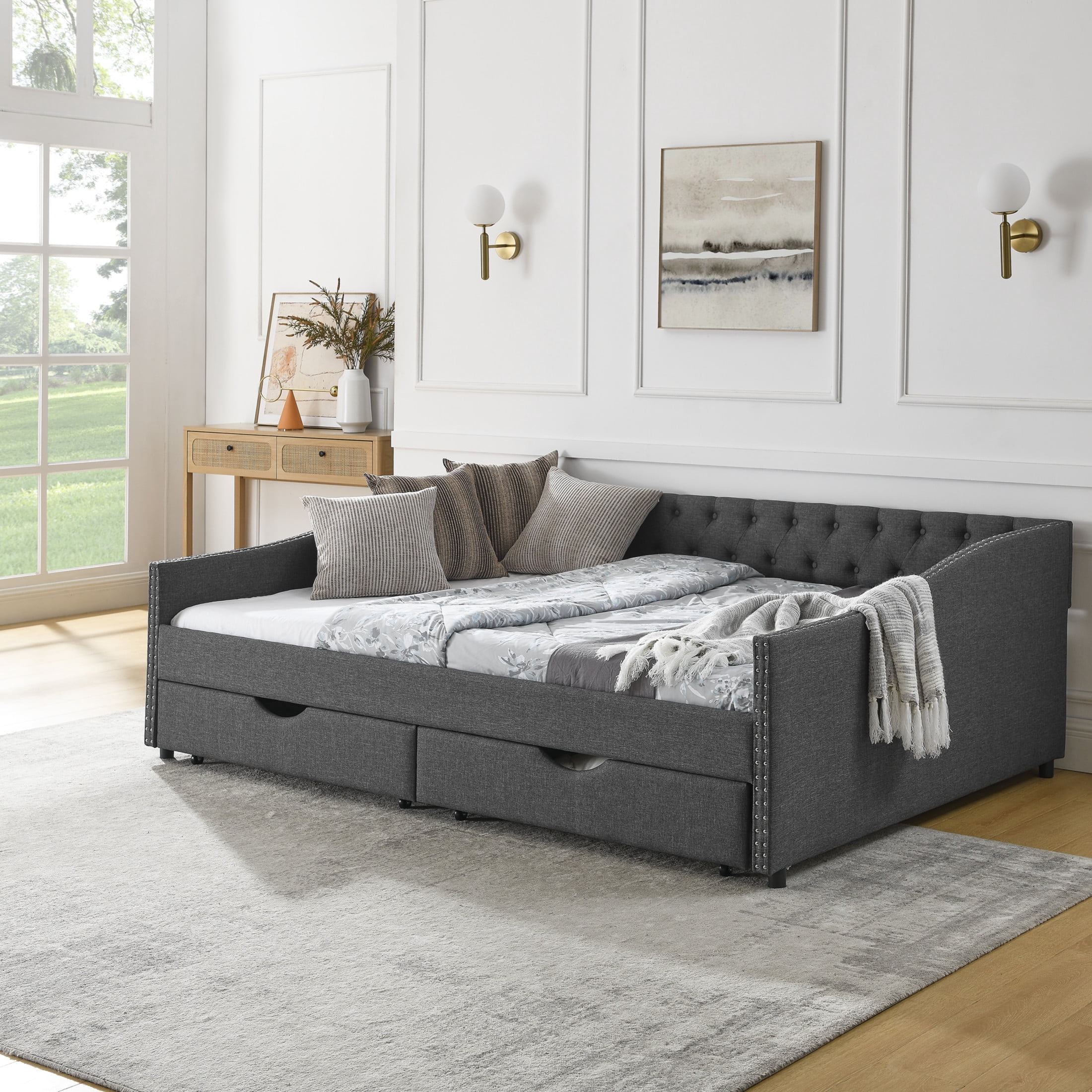 Noble House Queen Size Button Tufted Daybed, Linen Sofa Bed Frame with Storage Drawers and Nailhead Waved Arms, Dark Grey