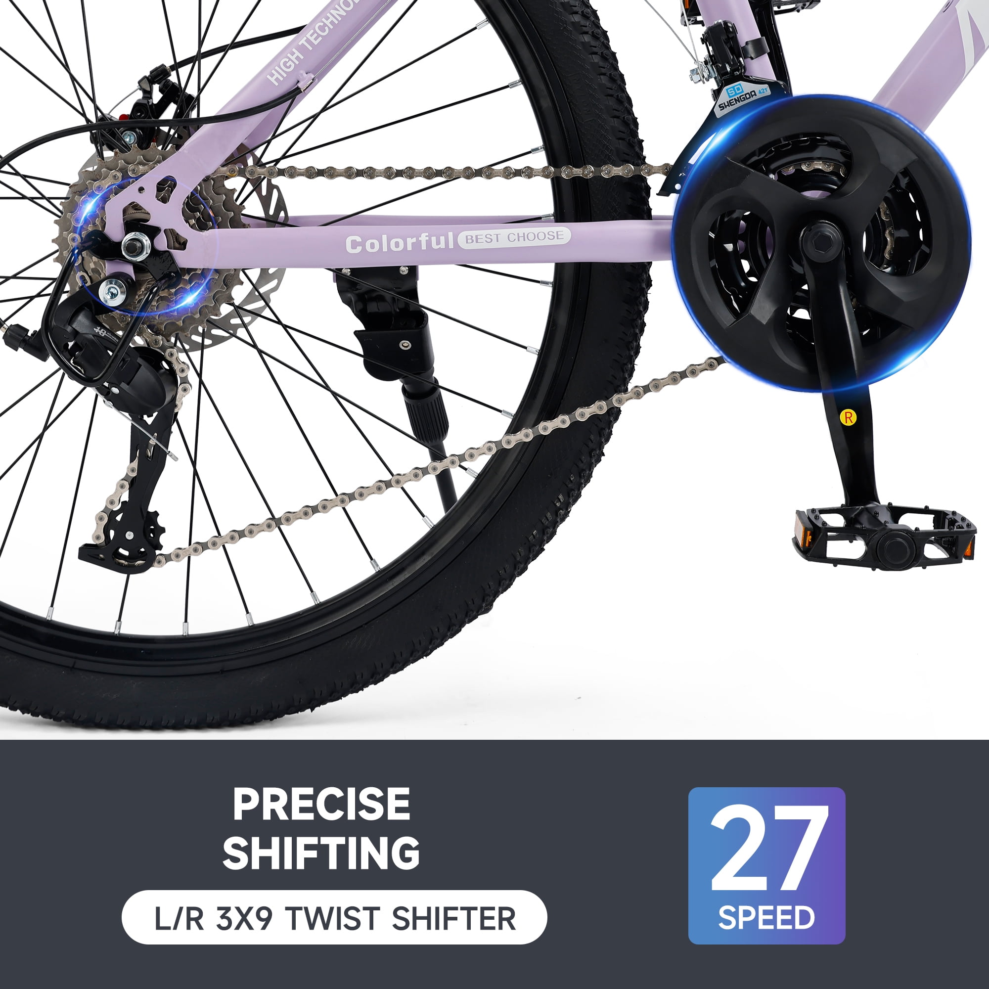 26/27.5 inch Mountain Hardtail Mountain Bike for Men/Women, 27 Speed Twist Shifting, Front Suspension, Comfort Saddle, Purple/Black/White