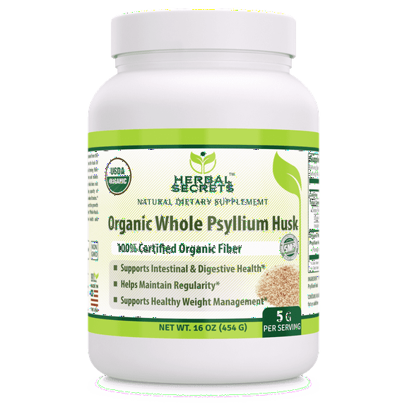 Herbal Secrets USDA Certified Organic Whole Psyllium Husk 16 oz Supplement