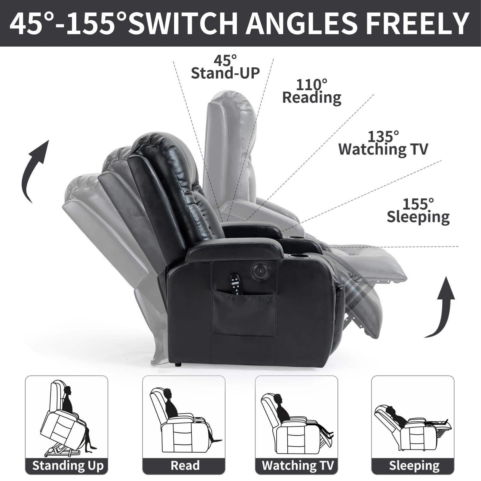 MAYEERTY Brown Chenille 350lbs Power Lift Recliner, Massage Heat USB-C 34"x39"x42" Wide Overstuffed for Elderly