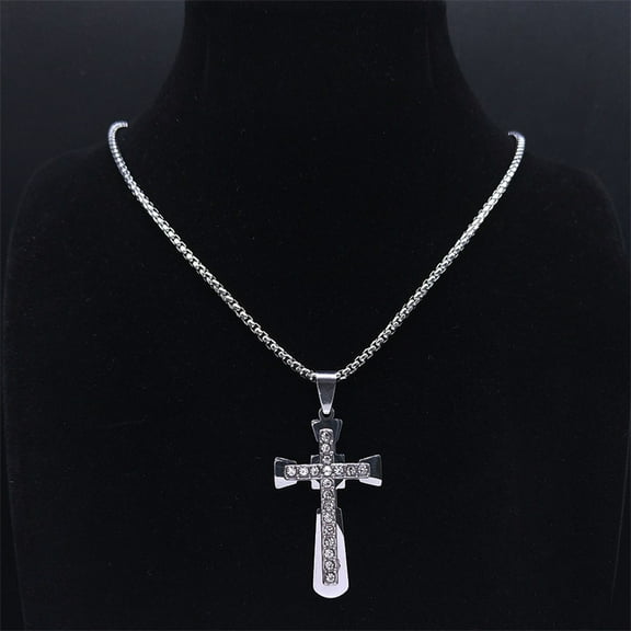 Punk Hip Hop Gothic Cross Necklace for Men Women 14K White Gold Crystal Christian Male Chain Jewelry