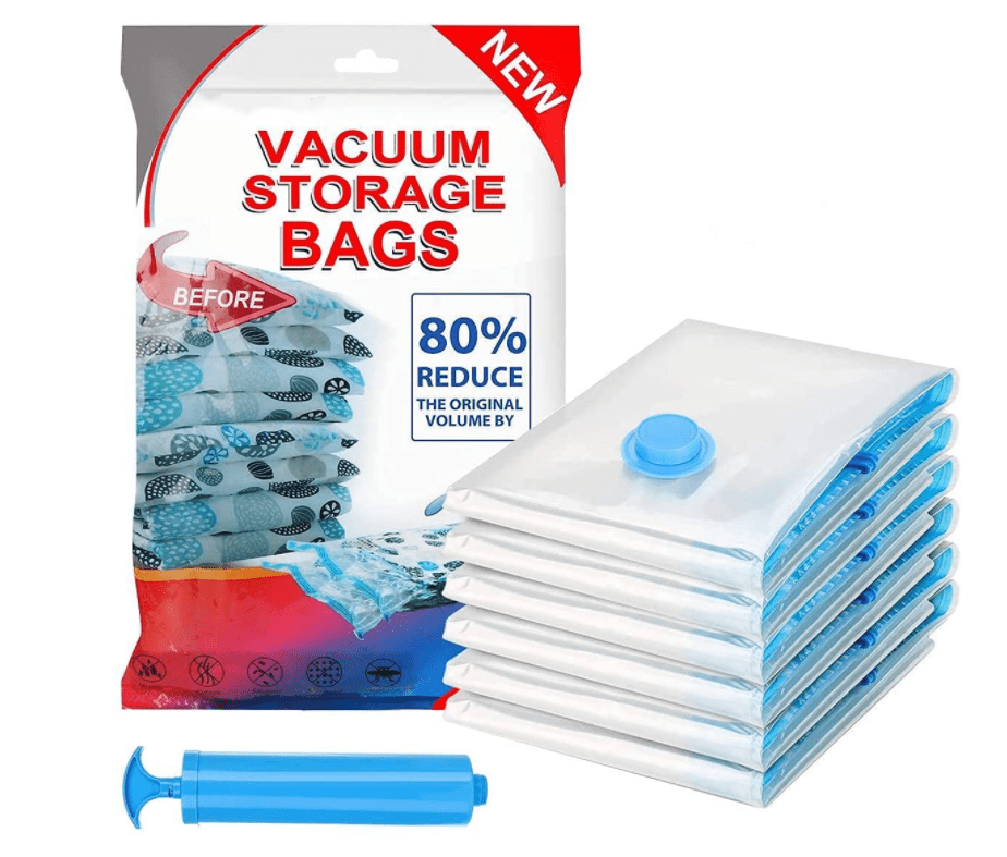 Basics Vacuum Compression Storage Bags with Hand Pump 2 Jumbo, 2 Large, 2 Medium 6-Pack 
