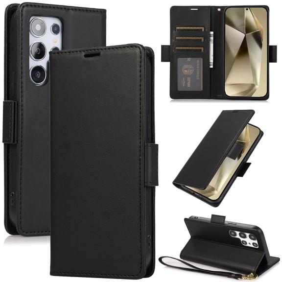 Allytechgroup Case for Samsung Galaxy S22 Ultra, RFID Blocking PU Leather Flip Stand Phone Shell with Card Holder Wrist Strap Shokcproof Protective Bumper for Samsung Galaxy S22 Ultra, Black