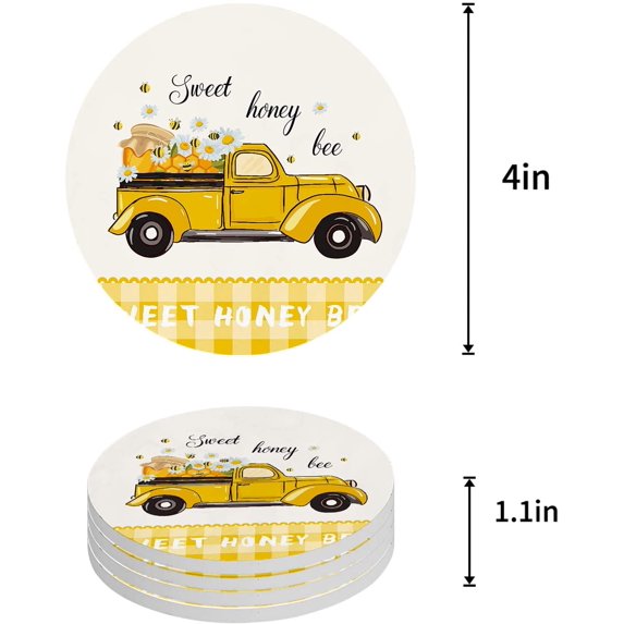 ZHANZZK Yellow Truck and Honey with Bee Plaid Texture Set of 6 Round Coaster for Drinks, Absorbent Ceramic Stone Coasters Cup Mat with Cork Base for Home Kitchen Room Coffee Table Bar Decor